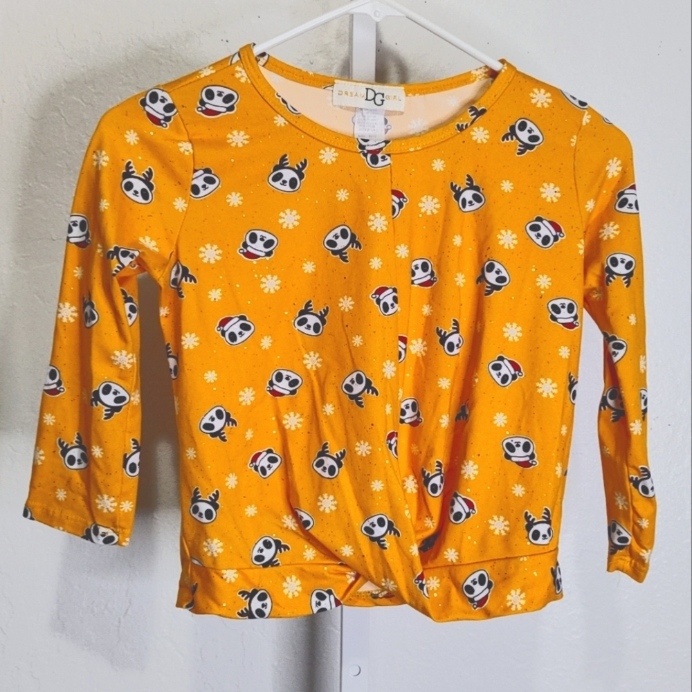 Dream Girl Yellow Christmas Panda Girls Long Sleeve Top Size 10/12